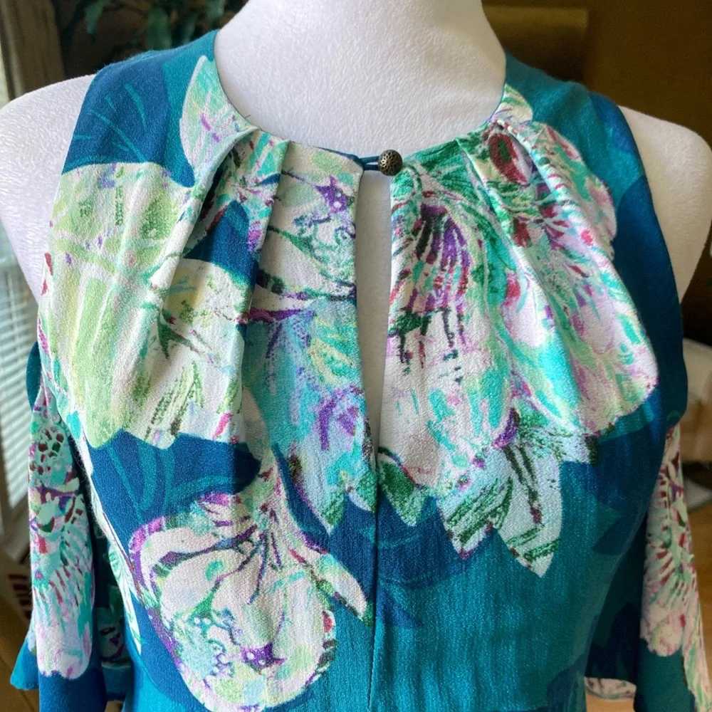 Anthropologie Maeve Elia Open Shoulder Dress Blue Floral Lined Sz 0 - Picture 7 of 16